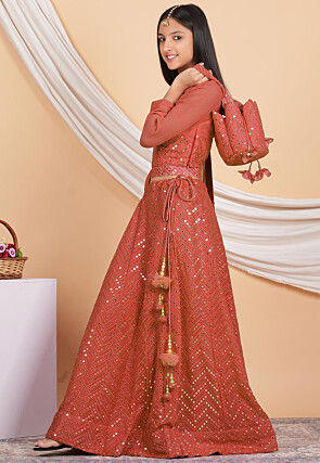 Embroidered Georgette Lehenga in Dark Peach