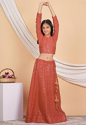 Embroidered Georgette Lehenga in Dark Peach