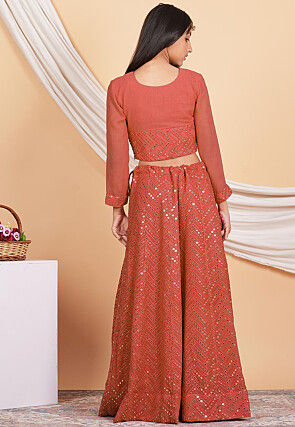 Embroidered Georgette Lehenga in Dark Peach