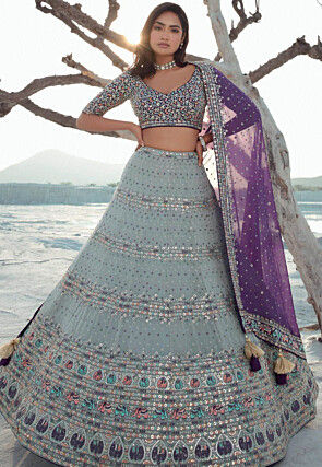 Embroidered Georgette Lehenga in Dusty Blue