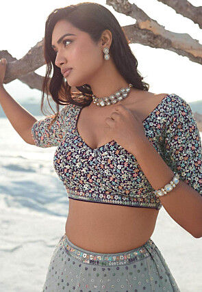 Embroidered Georgette Lehenga in Dusty Blue