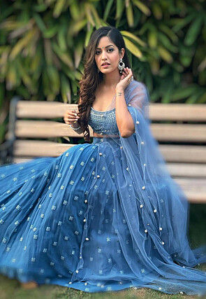Embroidered Georgette Lehenga in Dusty Blue