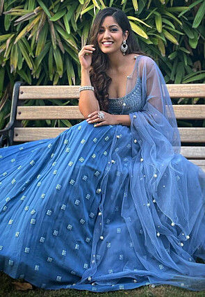 Embroidered Georgette Lehenga in Dusty Blue