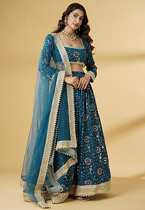 Embroidered Georgette Lehenga in Dusty Blue