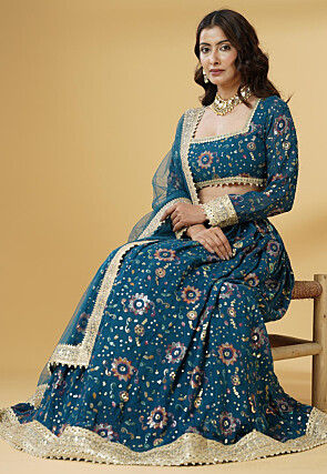 Embroidered Georgette Lehenga in Dusty Blue