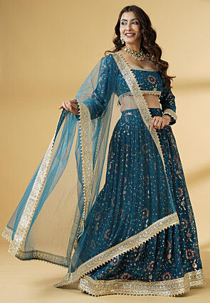 Embroidered Georgette Lehenga in Dusty Blue