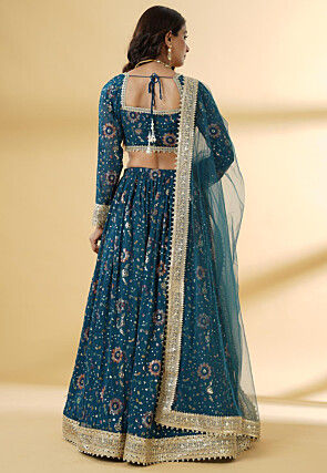 Embroidered Georgette Lehenga in Dusty Blue