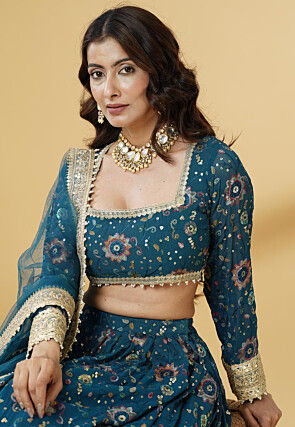 Embroidered Georgette Lehenga in Dusty Blue