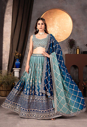 Embroidered Georgette Lehenga in Dusty Green and Blue