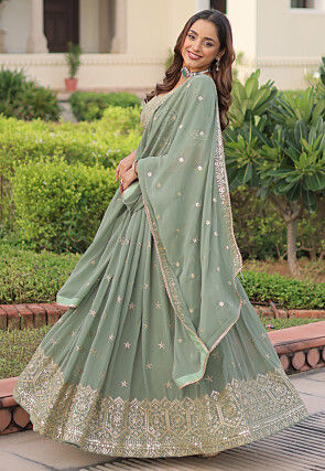 Embroidered Georgette Lehenga in Dusty Green