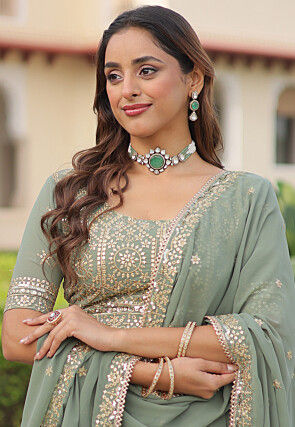 Embroidered Georgette Lehenga in Dusty Green