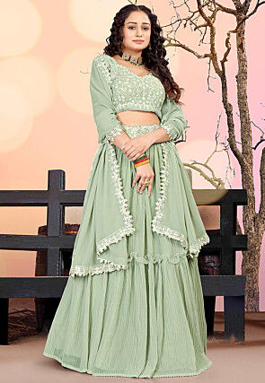 Embroidered Georgette Lehenga in Dusty Green