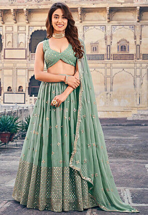 Embroidered Georgette Lehenga in Dusty Green