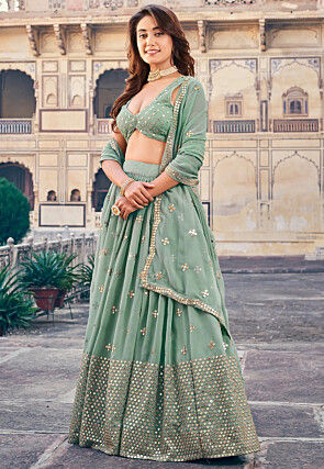 Embroidered Georgette Lehenga in Dusty Green