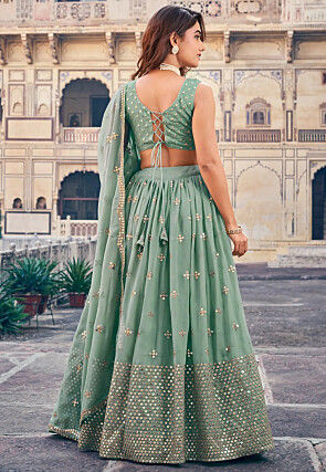 Embroidered Georgette Lehenga in Dusty Green