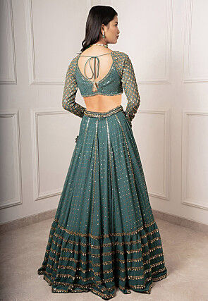 Embroidered Georgette Lehenga in Dusty Green