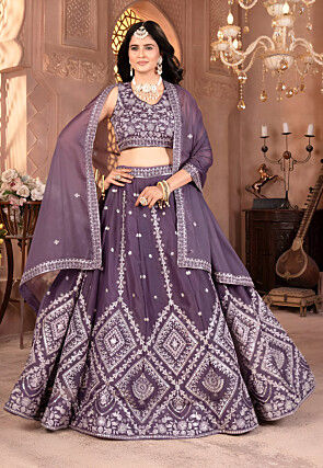Embroidered Georgette Lehenga in Dusty Purple