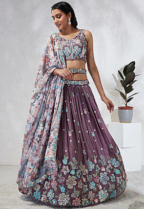 Embroidered Georgette Lehenga in Dusty Purple