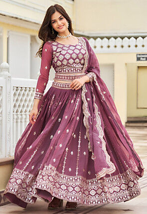 Embroidered Georgette Lehenga in Dusty Purple