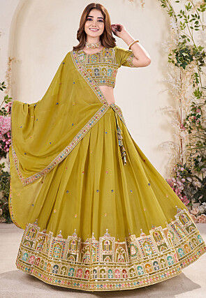 Embroidered Georgette Lehenga in Dusty Yellow