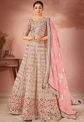 Embroidered Georgette Lehenga in Fawn
