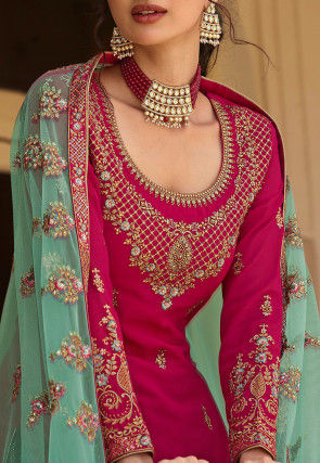 Embroidered Georgette Lehenga in Fuchsia