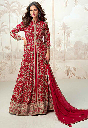 Embroidered Georgette Lehenga in Fuchsia