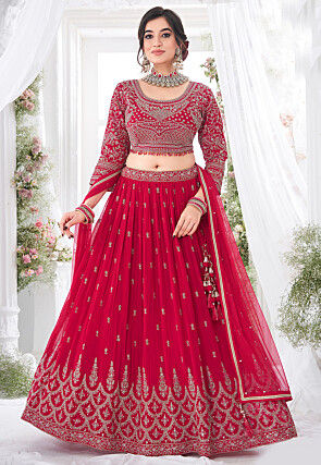Embroidered Georgette Lehenga in Fuchsia
