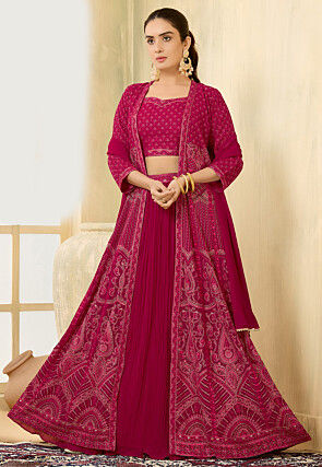 Embroidered Georgette Lehenga in Fuchsia