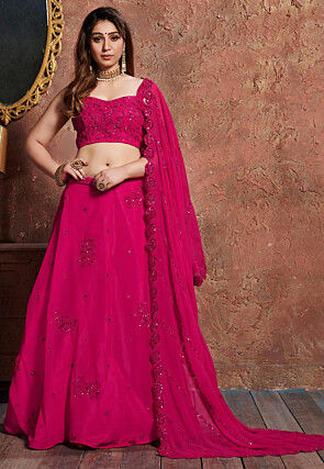 Embroidered Georgette Lehenga in Fuchsia