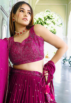 Embroidered Georgette Lehenga in Fuchsia