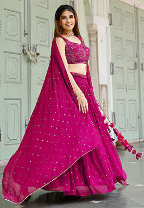 Embroidered Georgette Lehenga in Fuchsia