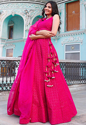 Embroidered Georgette Lehenga in Fuchsia