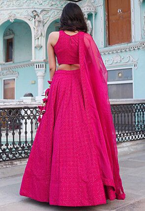 Embroidered Georgette Lehenga in Fuchsia
