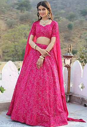 Embroidered Georgette Lehenga in Fuchsia