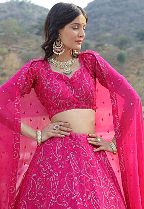 Embroidered Georgette Lehenga in Fuchsia