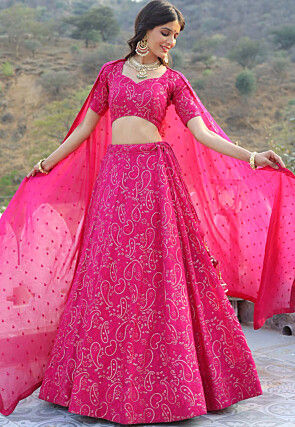 Embroidered Georgette Lehenga in Fuchsia