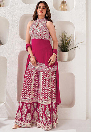 Embroidered Georgette Lehenga in Fuchsia