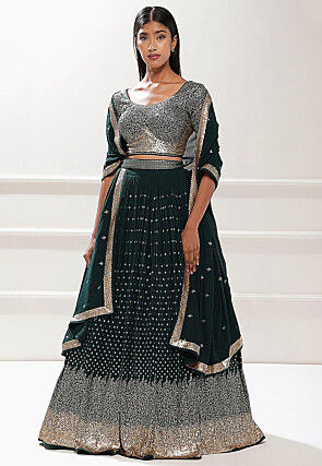 Embroidered Georgette Lehenga in Green