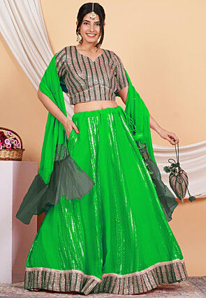 Embroidered Georgette Lehenga in Green