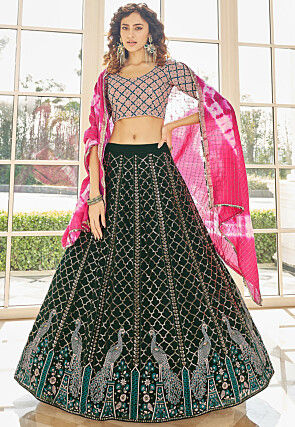 Embroidered Georgette Lehenga in Green
