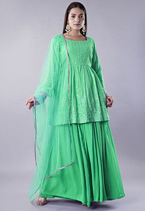 Embroidered Georgette Lehenga in Green