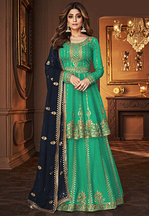 Embroidered Georgette Lehenga in Green