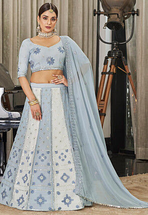 Embroidered Georgette Lehenga in Grey and Off White