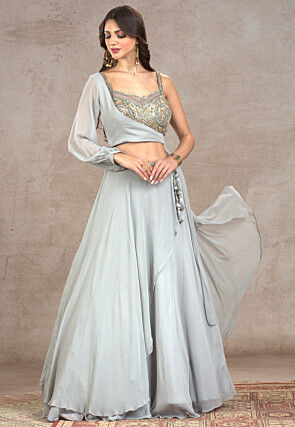 Embroidered Georgette Lehenga in Grey