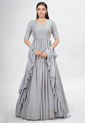 Embroidered Georgette Lehenga in Grey