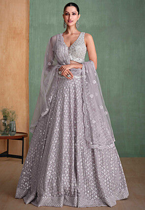 Embroidered Georgette Lehenga in Grey