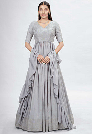 Embroidered Georgette Lehenga in Grey