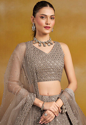 Embroidered Georgette Lehenga in Grey