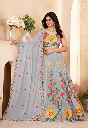 Embroidered Georgette Lehenga in Grey